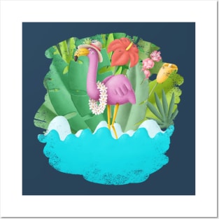 Cute flamingo in the ocean Posters and Art